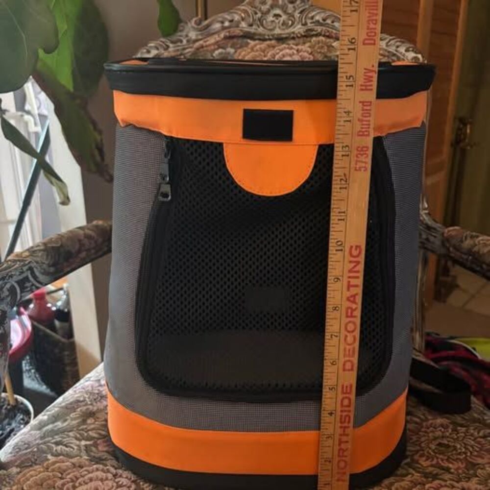 Orange and black soft-sided pet carrier, about 18x12x9 inches